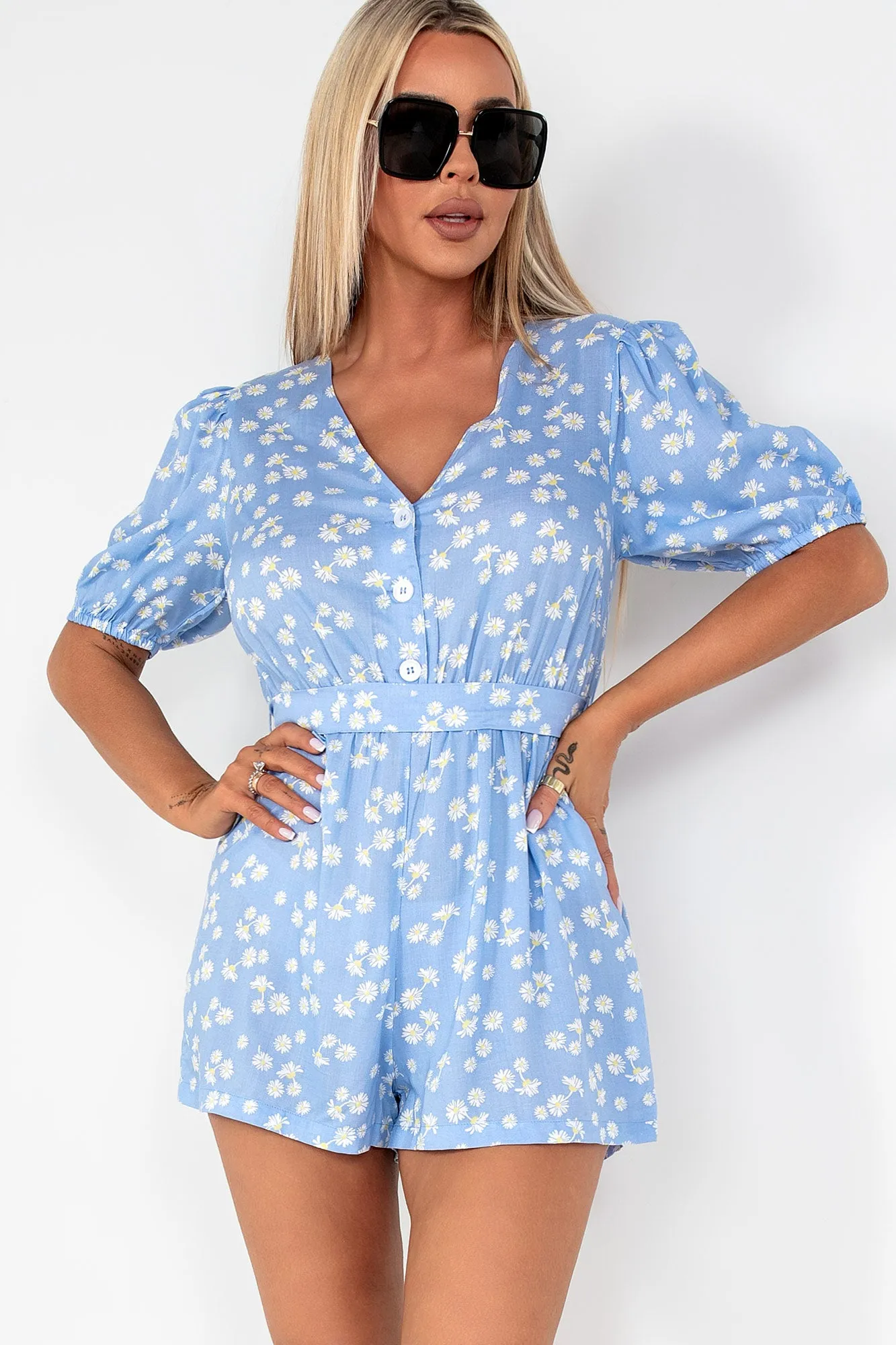 Emmie Blue Daisy Print Playsuit sold by Va Va Voom