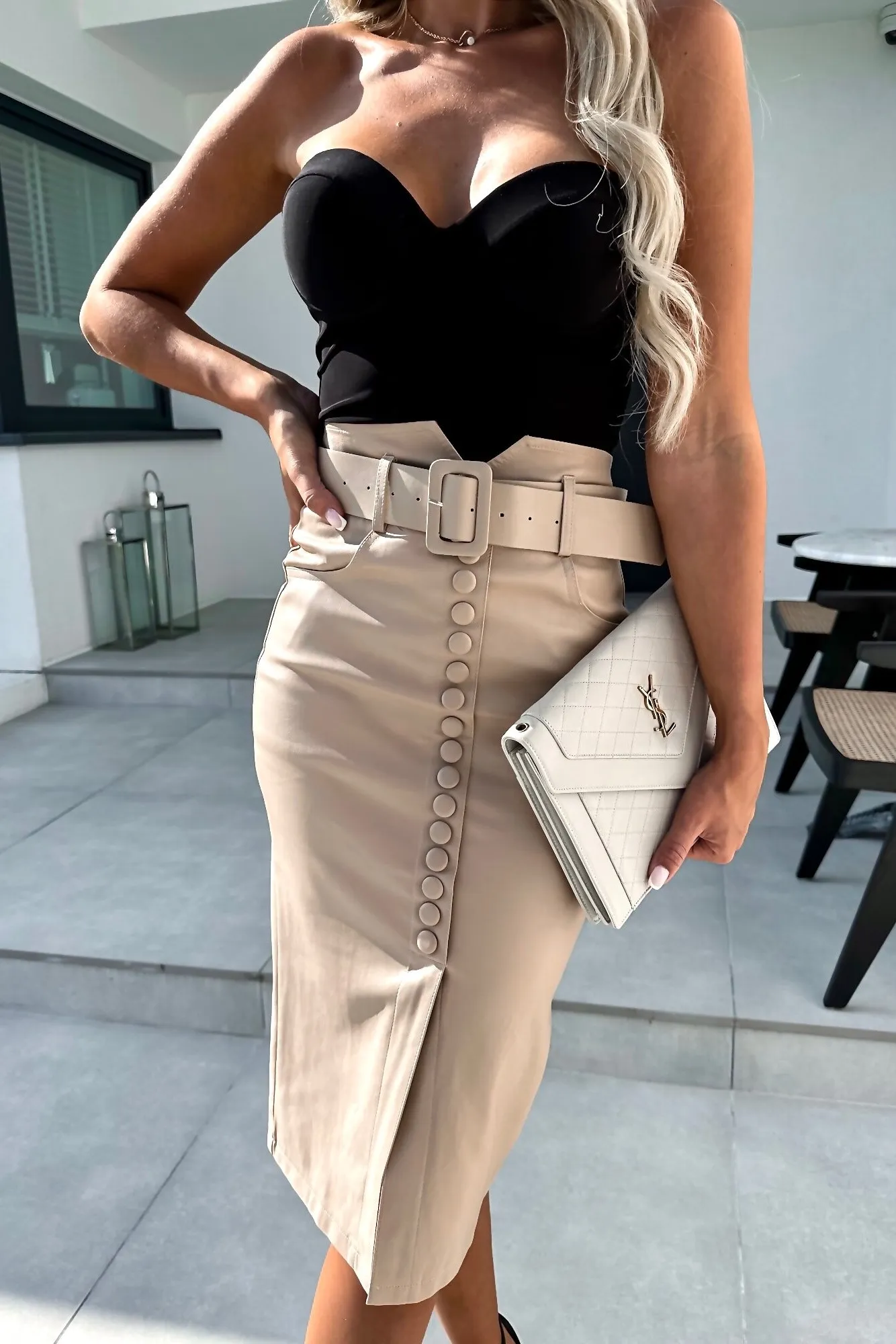 Hadley Taupe Faux Leather Skirt sold by Va Va Voom