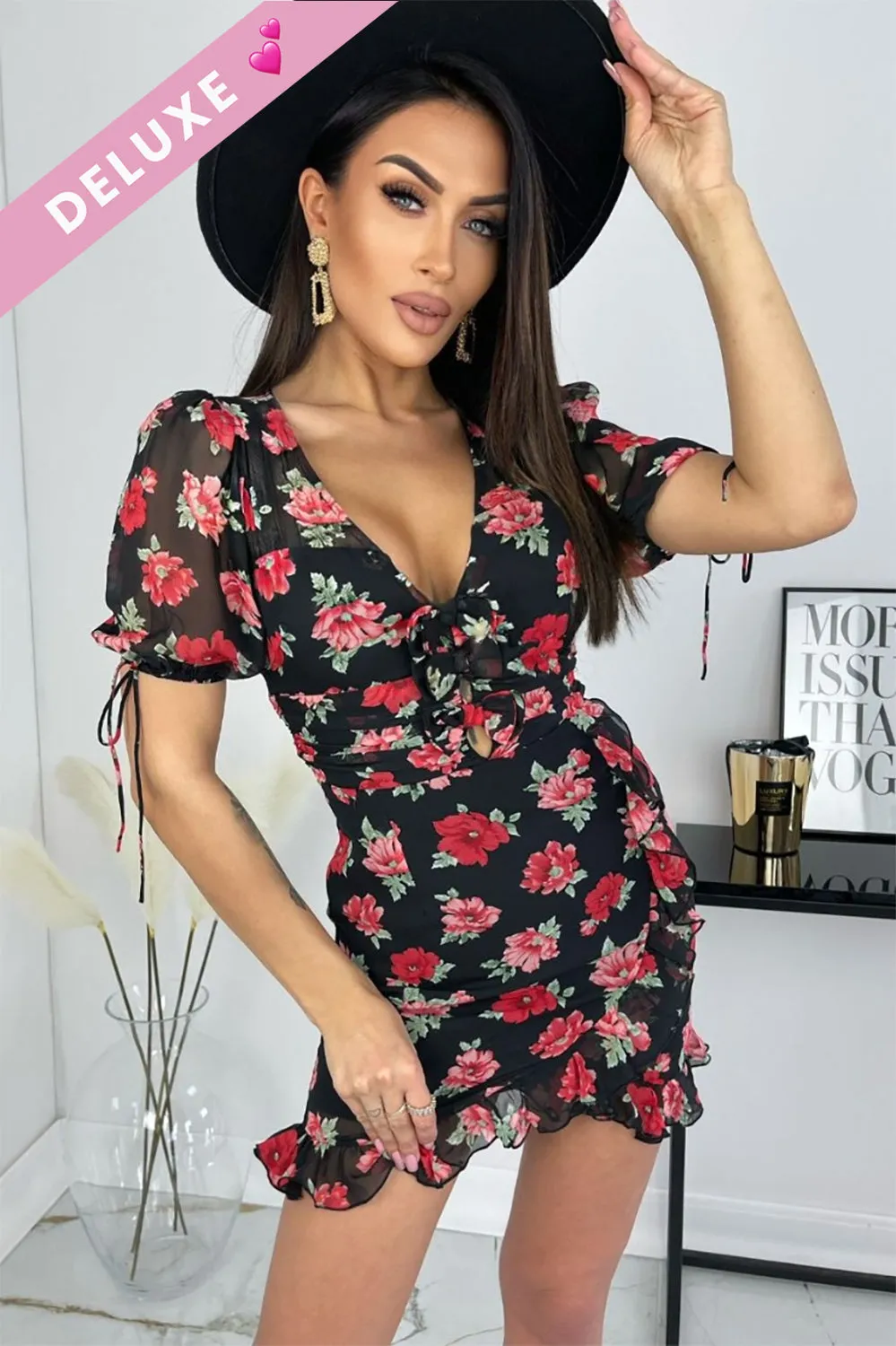 Khloe Black Chiffon Floral Dress sold by Va Va Voom