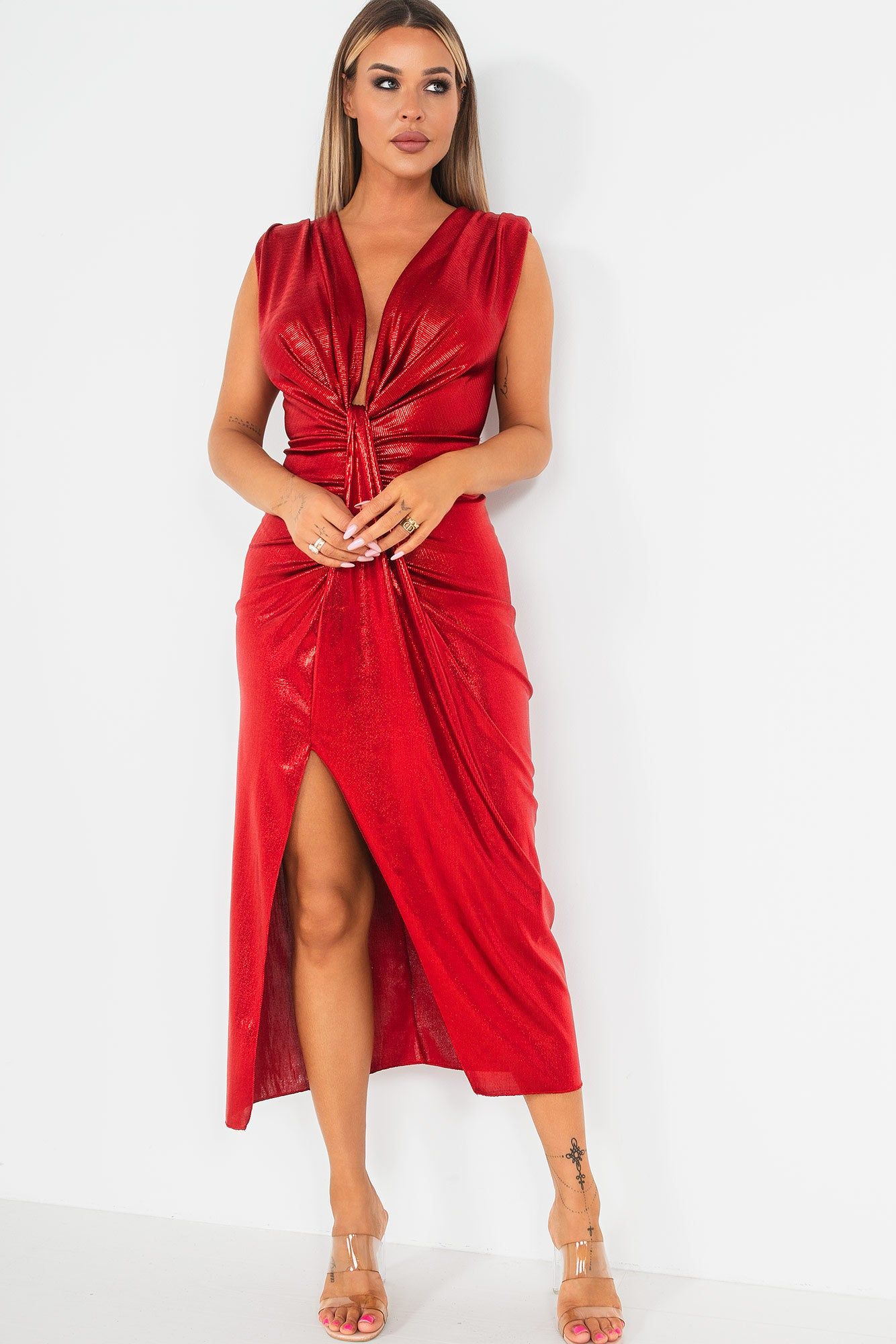 Nevaeh Red Metallic Knot Front Dress sold by Va Va Voom product image thumbnail 3