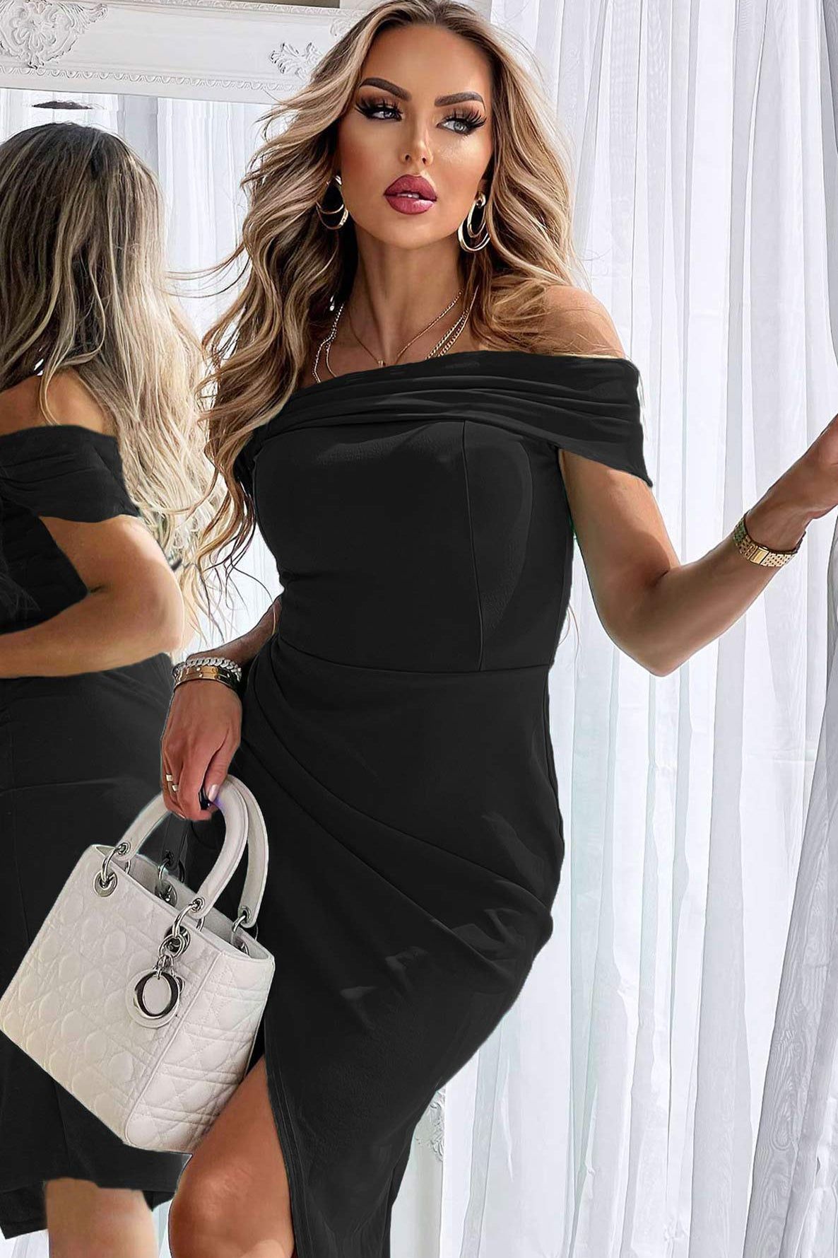Aria Black Bardot Midi Dress sold by Va Va Voom
