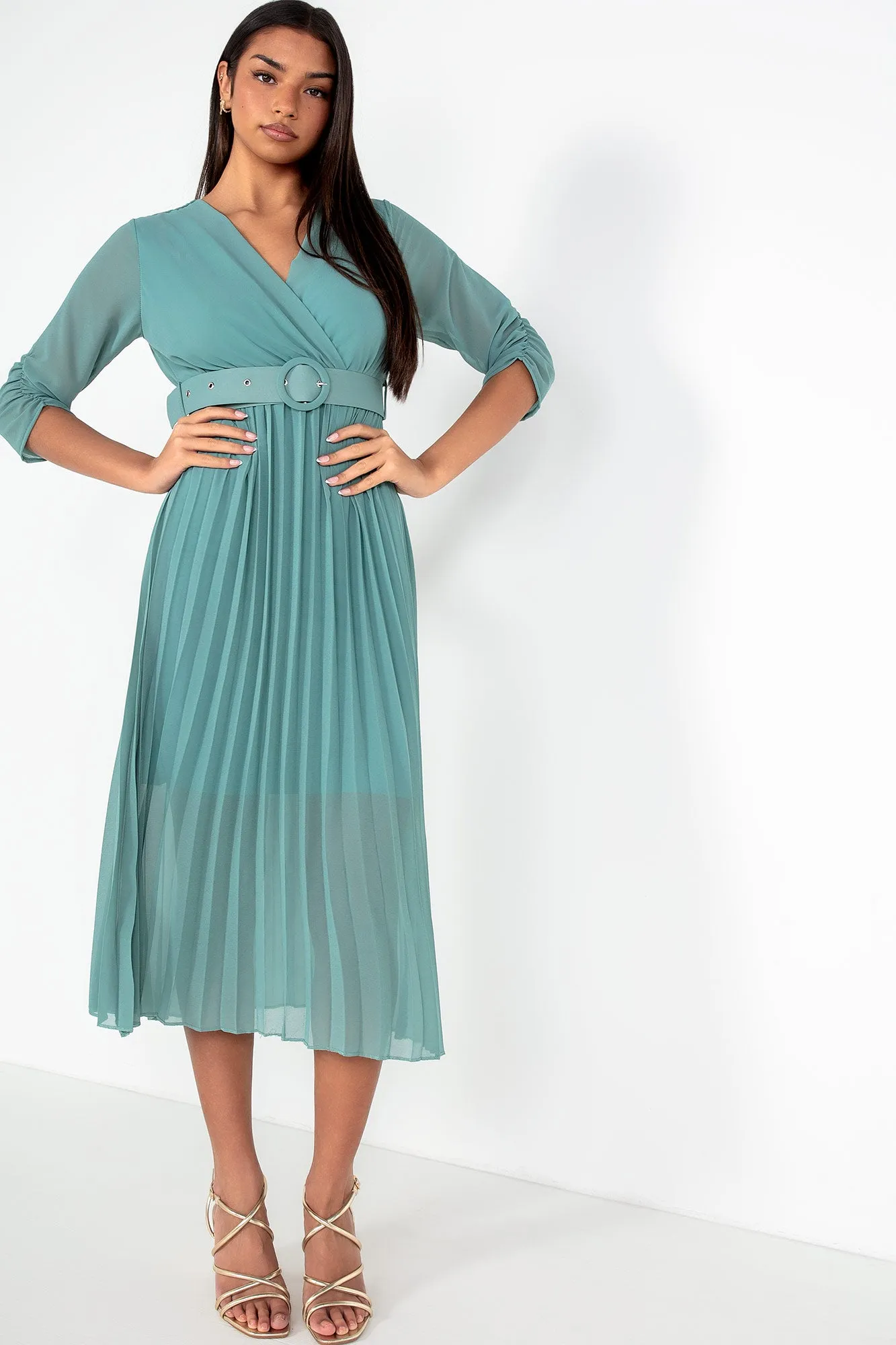Uliana Duck Egg Chiffon Pleated Dress sold by Va Va Voom