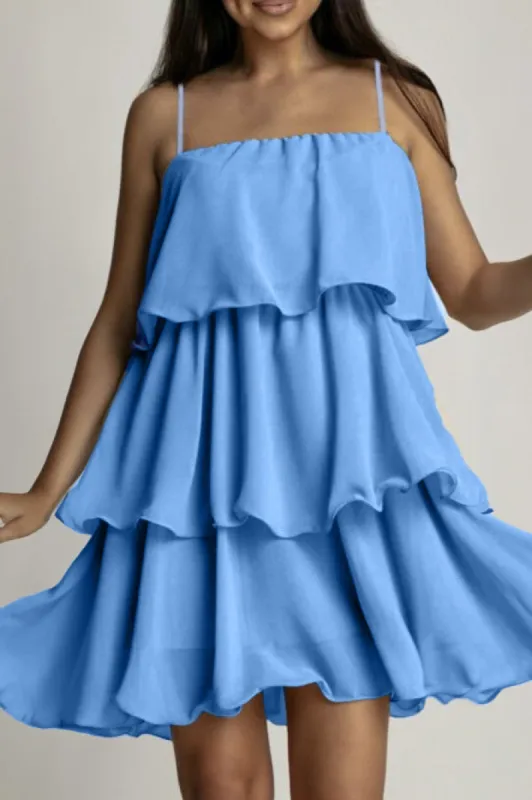 Vianna Powder Blue Chiffon Print Tiered Dress sold by Va Va Voom
