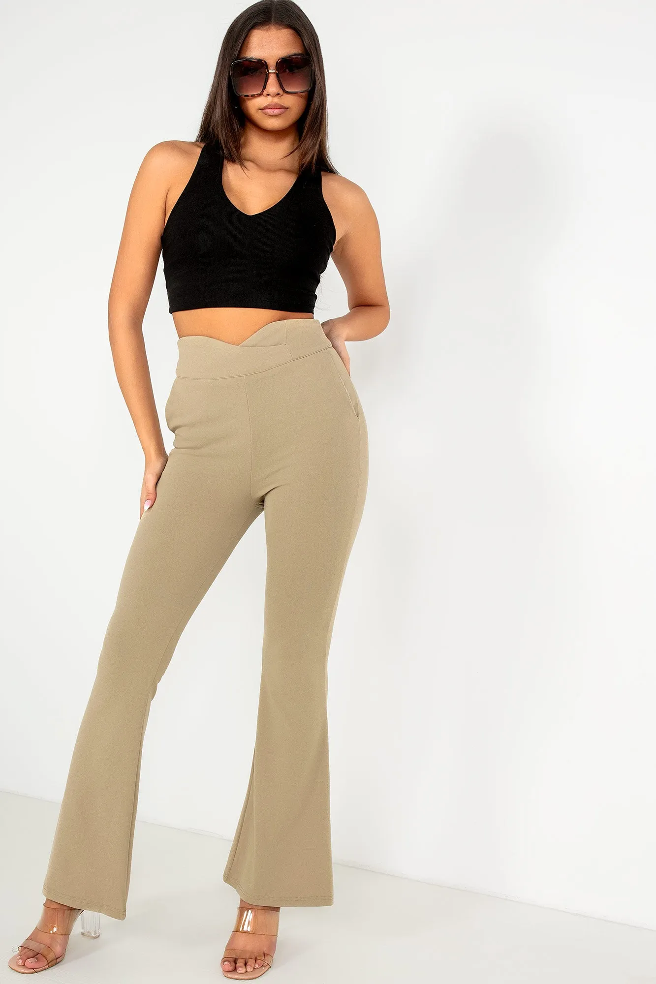 Ari Taupe High Waist Flared Trousers sold by Va Va Voom
