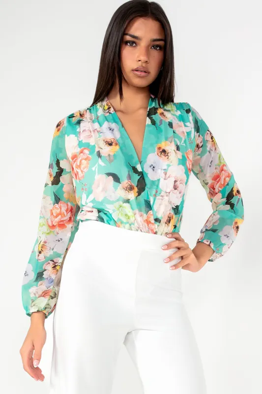 Bethan Green Chiffon Floral Bodysuit sold by Va Va Voom
