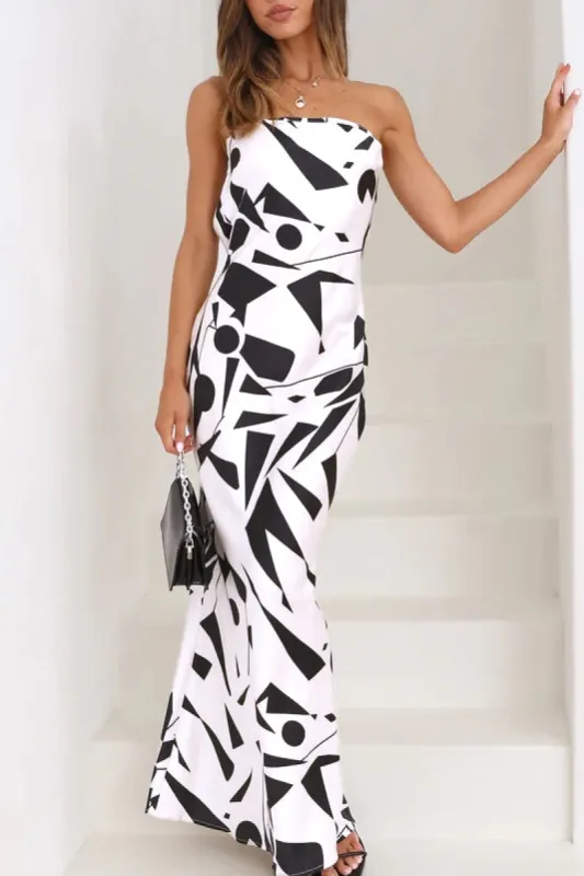 Irene White Satin Print Dress sold by Va Va Voom