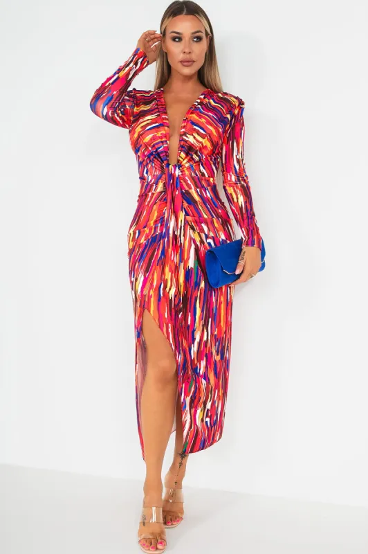 Ivy Red Printed Knot Front Midi Dress sold by Va Va Voom