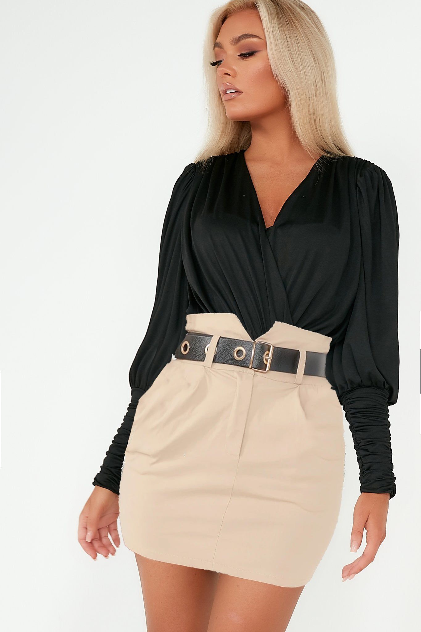 Fatimah Black Puff Sleeve Wrap Bodysuit sold by Va Va Voom