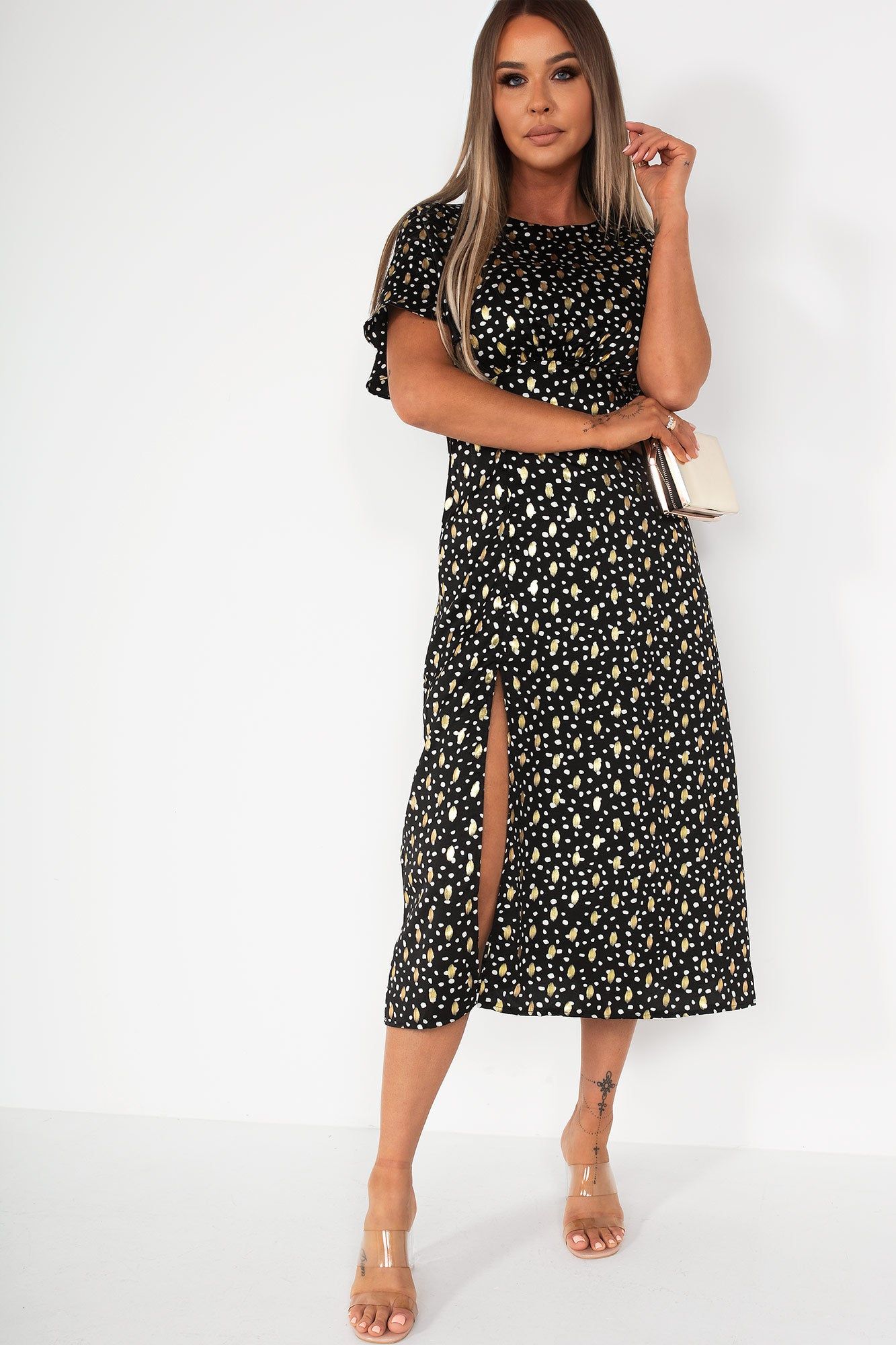 Girl In Mind Serena Black Satin Print Dress sold by Va Va Voom