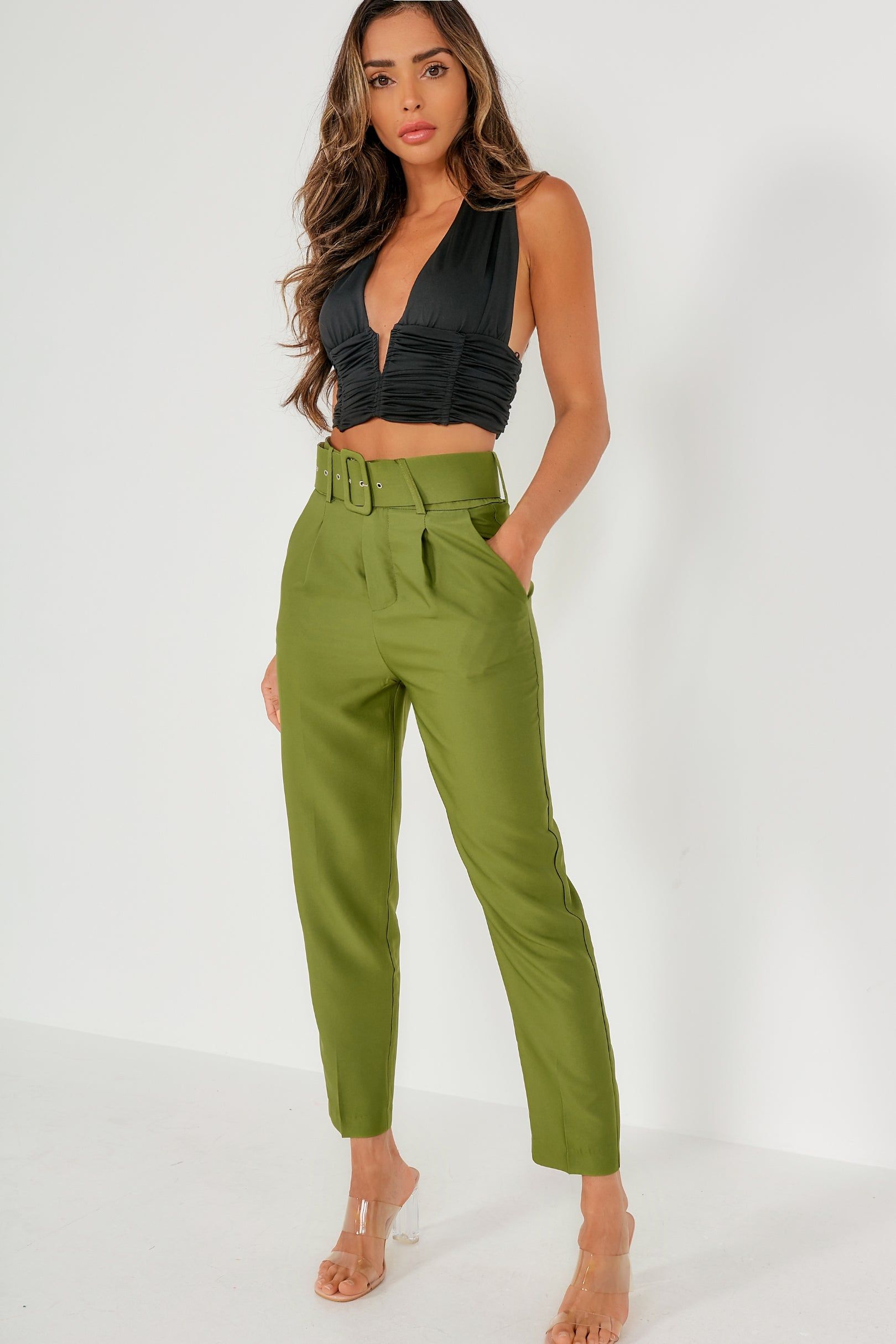 Dypna Green Belted Cigarette Trousers sold by Va Va Voom