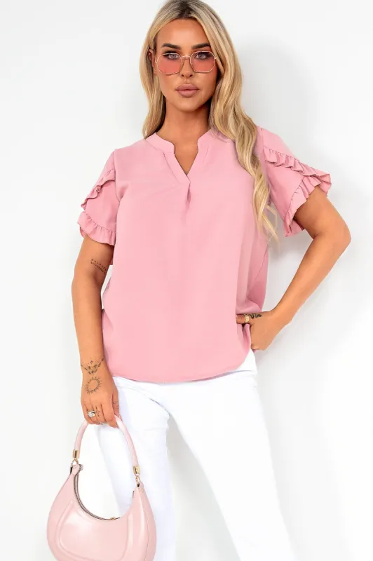 Sandra Dusty Pink Frill Sleeve Top sold by Va Va Voom
