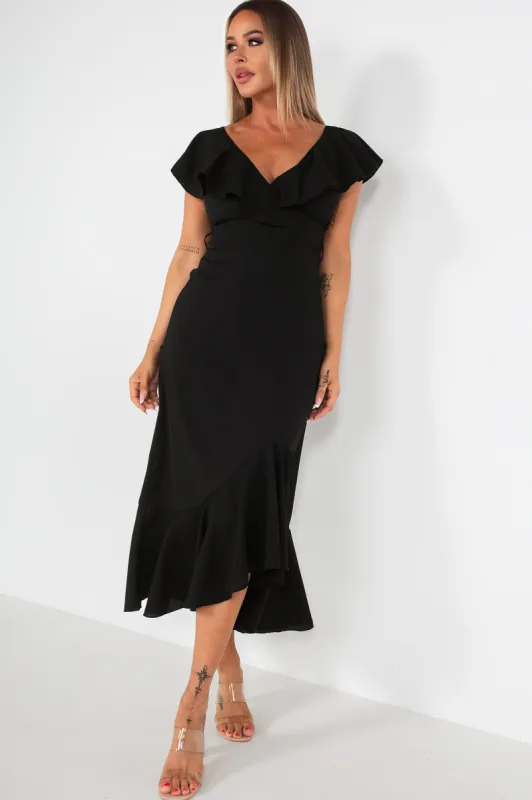 Girl In Mind Daphne Black Frill Detail Dress sold by Va Va Voom