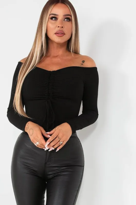Iris Black Ruched Bodysuit sold by Va Va Voom