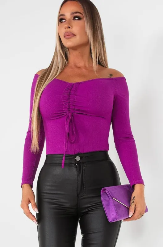 Iris Purple Ruched Bodysuit sold by Va Va Voom