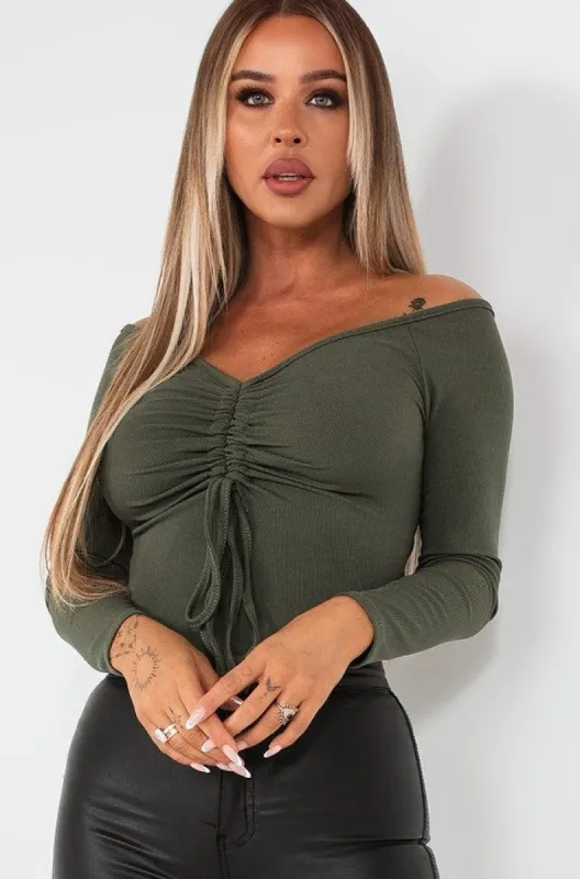 Iris Khaki Ruched Bodysuit sold by Va Va Voom