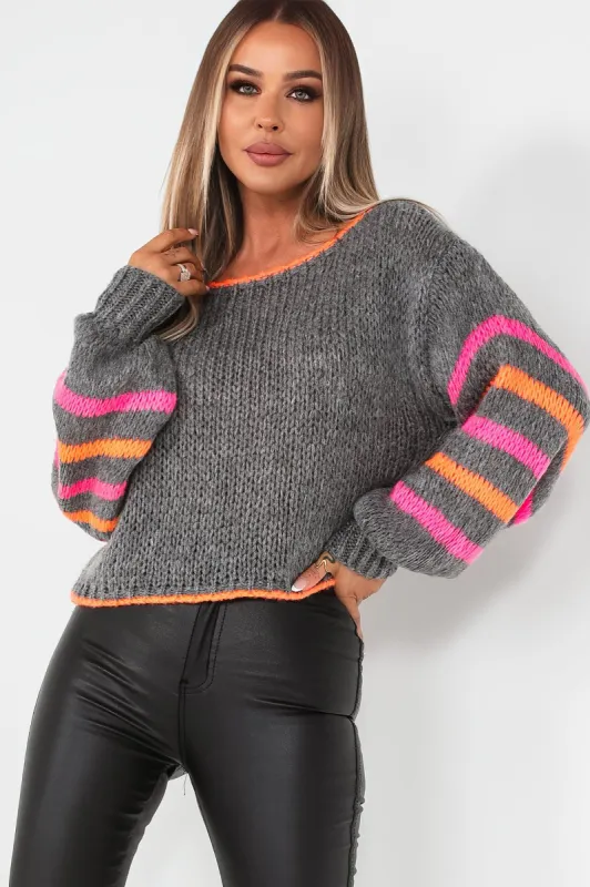 Evalie Grey Knit Striped Jumper sold by Va Va Voom