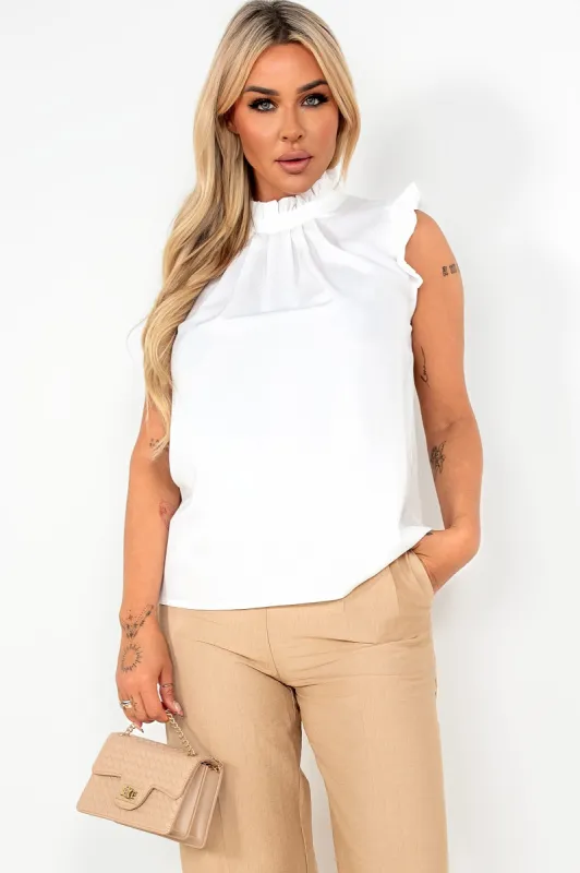 Kenny White Frill High Neck Top sold by Va Va Voom