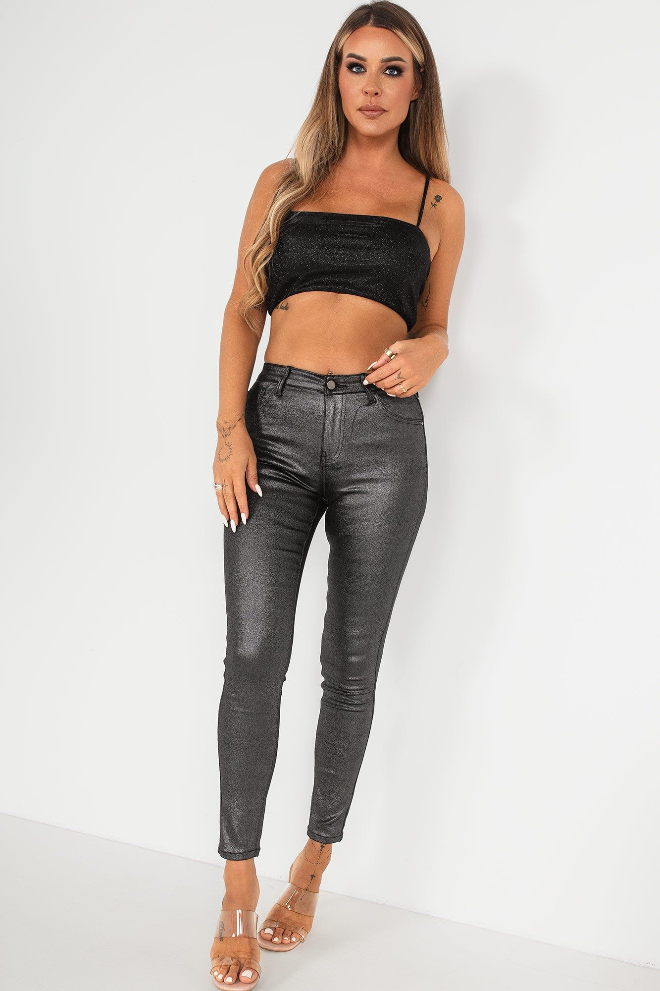 Darina Black Metallic Skinny Jeans sold by Va Va Voom