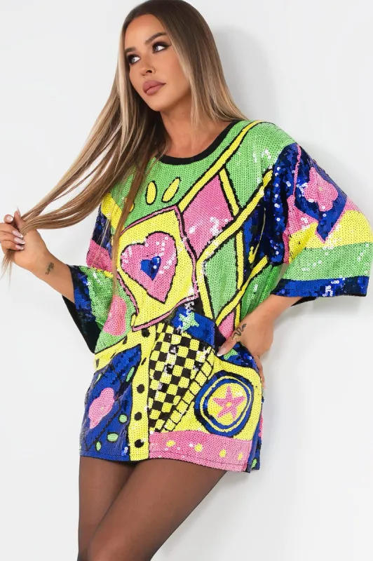 Girl In Mind Viviana Yellow Sequin Print T-Shirt Dress made by Vavavoom