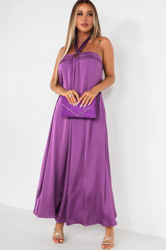 Quetta Purple Satin Halter Neck Dress sold by Va Va Voom