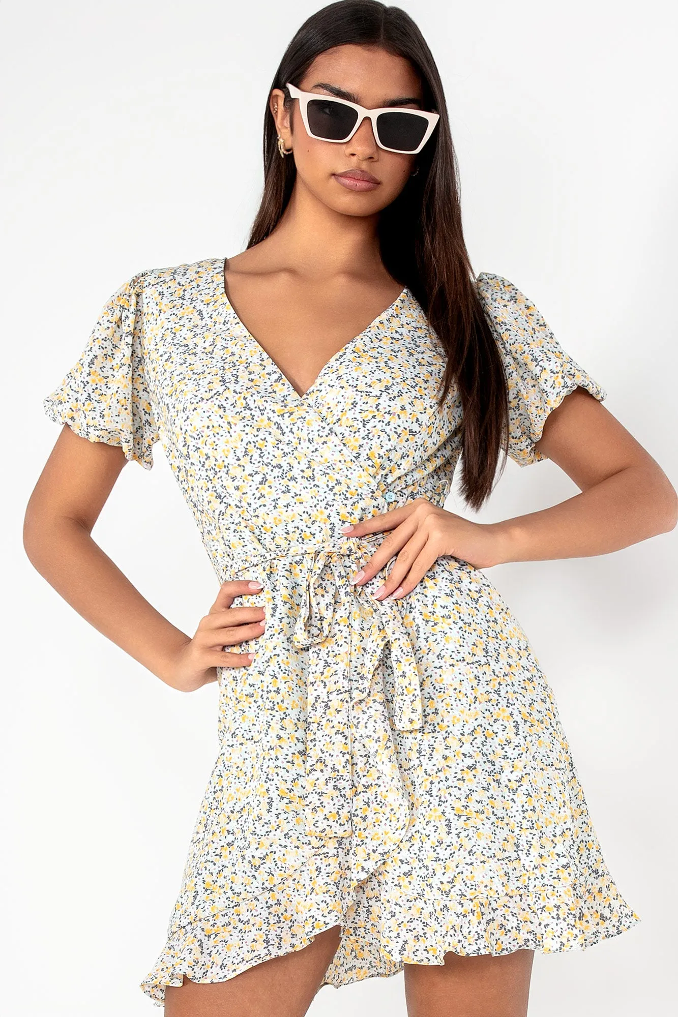 Everlee Yellow Ditsy Print Wrap Dress sold by Va Va Voom