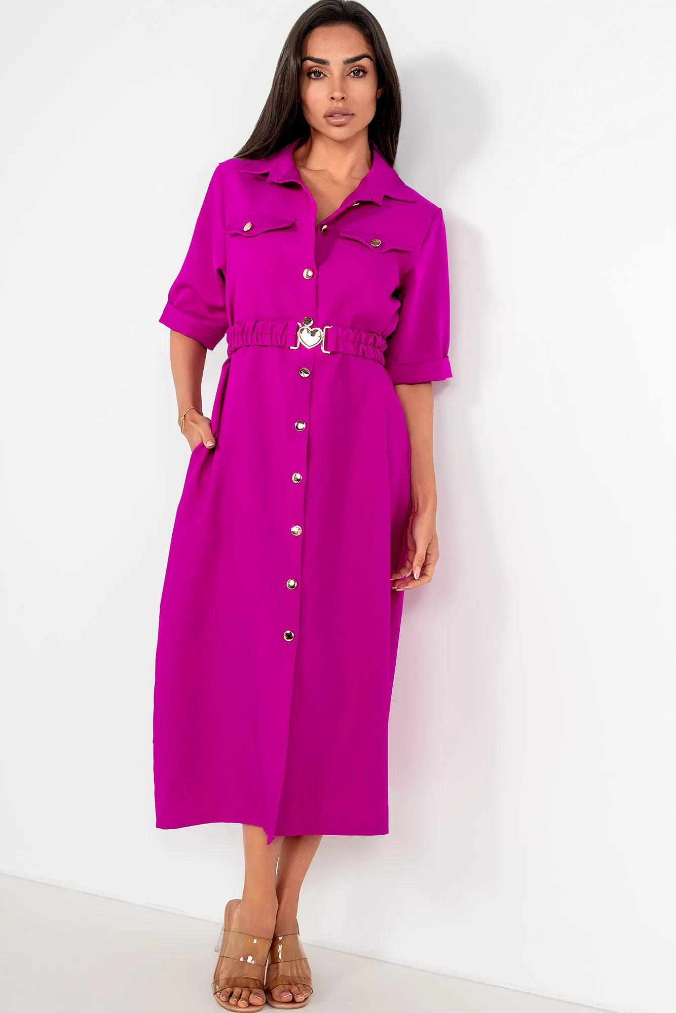 Jayden Magenta Belted Shirt Dress sold by Va Va Voom