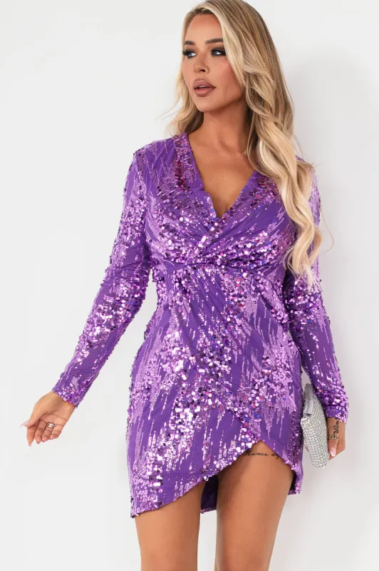 Weslyn Purple Sequin Wrap Dress sold by Va Va Voom