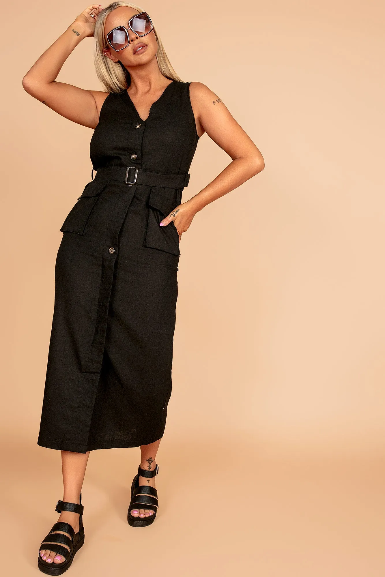 Verna Black Linen Belted Dress sold by Va Va Voom