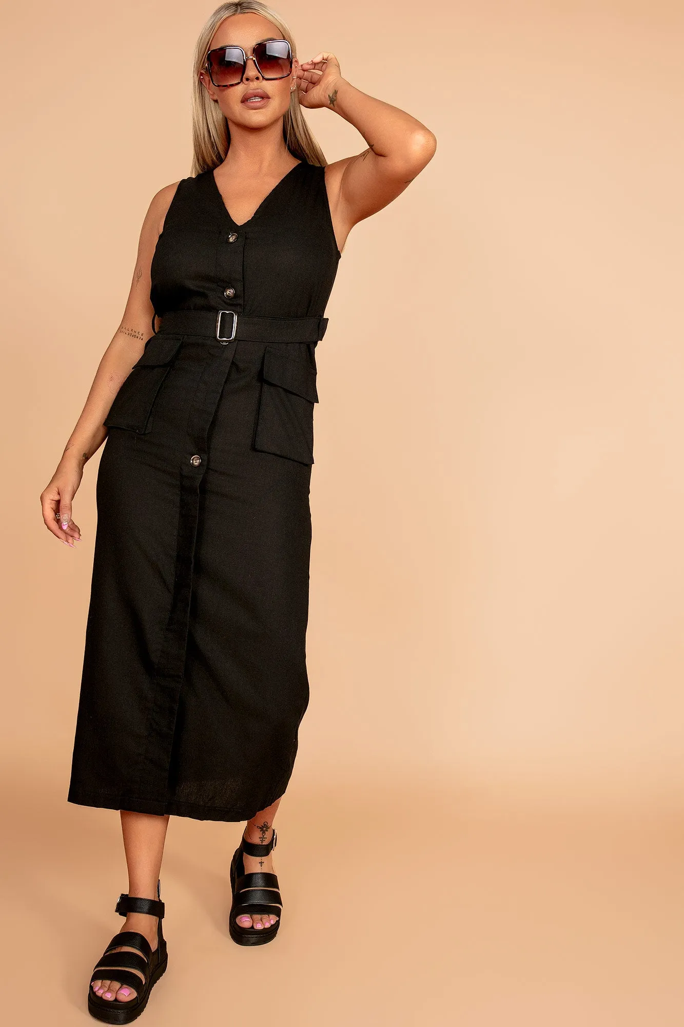 Verna Black Linen Belted Dress sold by Va Va Voom product image thumbnail 3