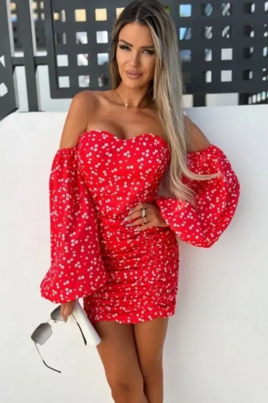 Trisha Red Ditsy Print Bardot Dress sold by Va Va Voom