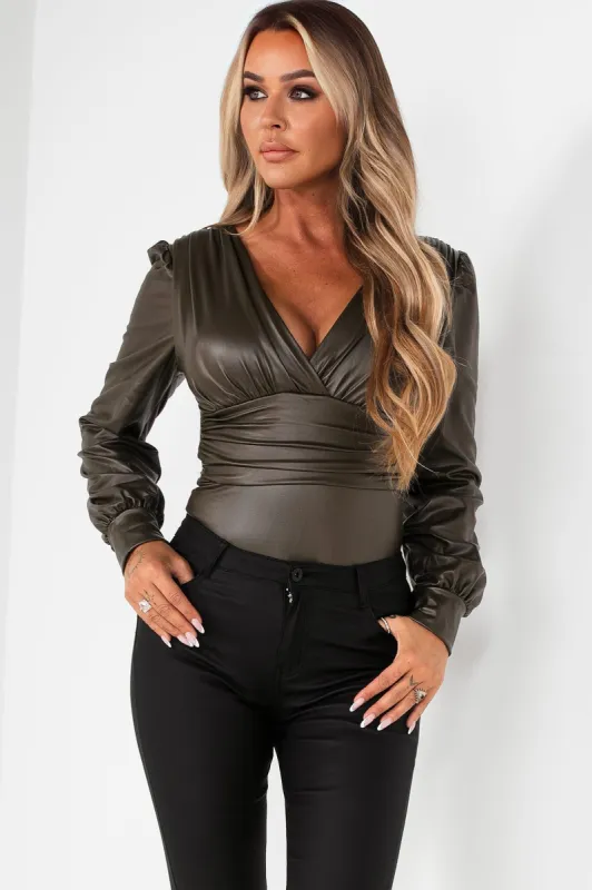 Jaquline Khaki Faux Leather Bodysuit sold by Va Va Voom