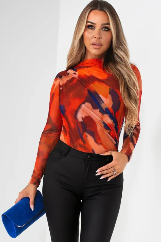 Zoey Orange Mesh Print Bodysuit sold by Va Va Voom