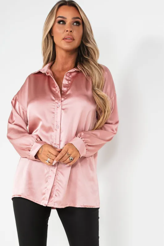 Pixie Pink Satin Oversized Shirt sold by Va Va Voom