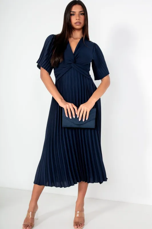 Vayda Navy Pleated Midi Dress sold by Va Va Voom