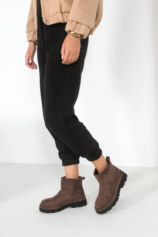 Rainey Chocolate Suedette Ankle Boots sold by Va Va Voom