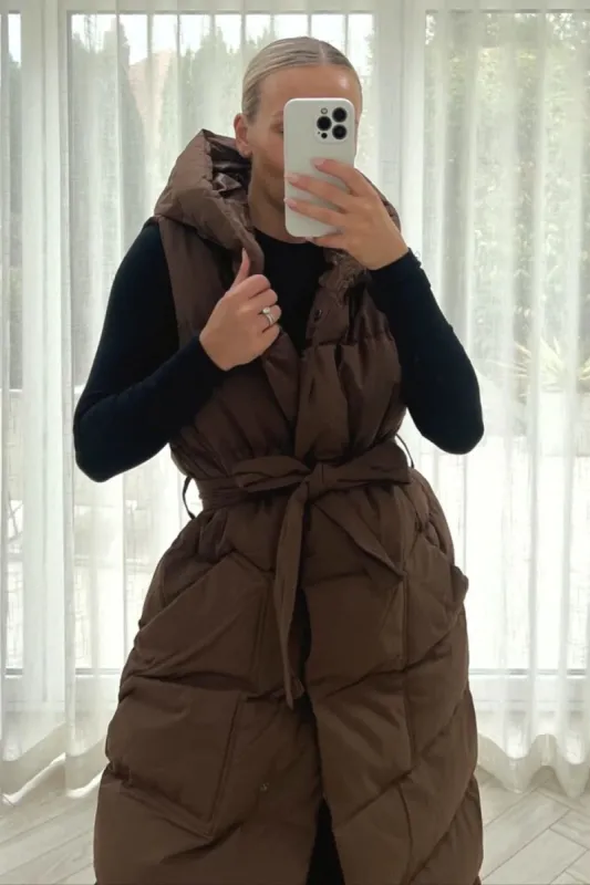 Cordelia Chocolate Belted Gilet sold by Va Va Voom