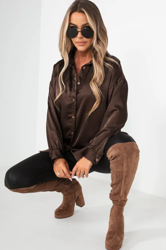 Pixie Chocolate Satin Oversized Shirt sold by Va Va Voom