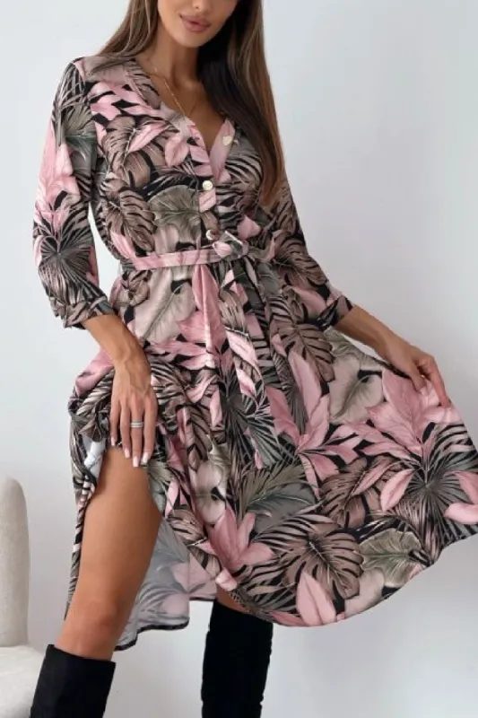 Dorit Pink Leaf Print Midi Dress sold by Va Va Voom