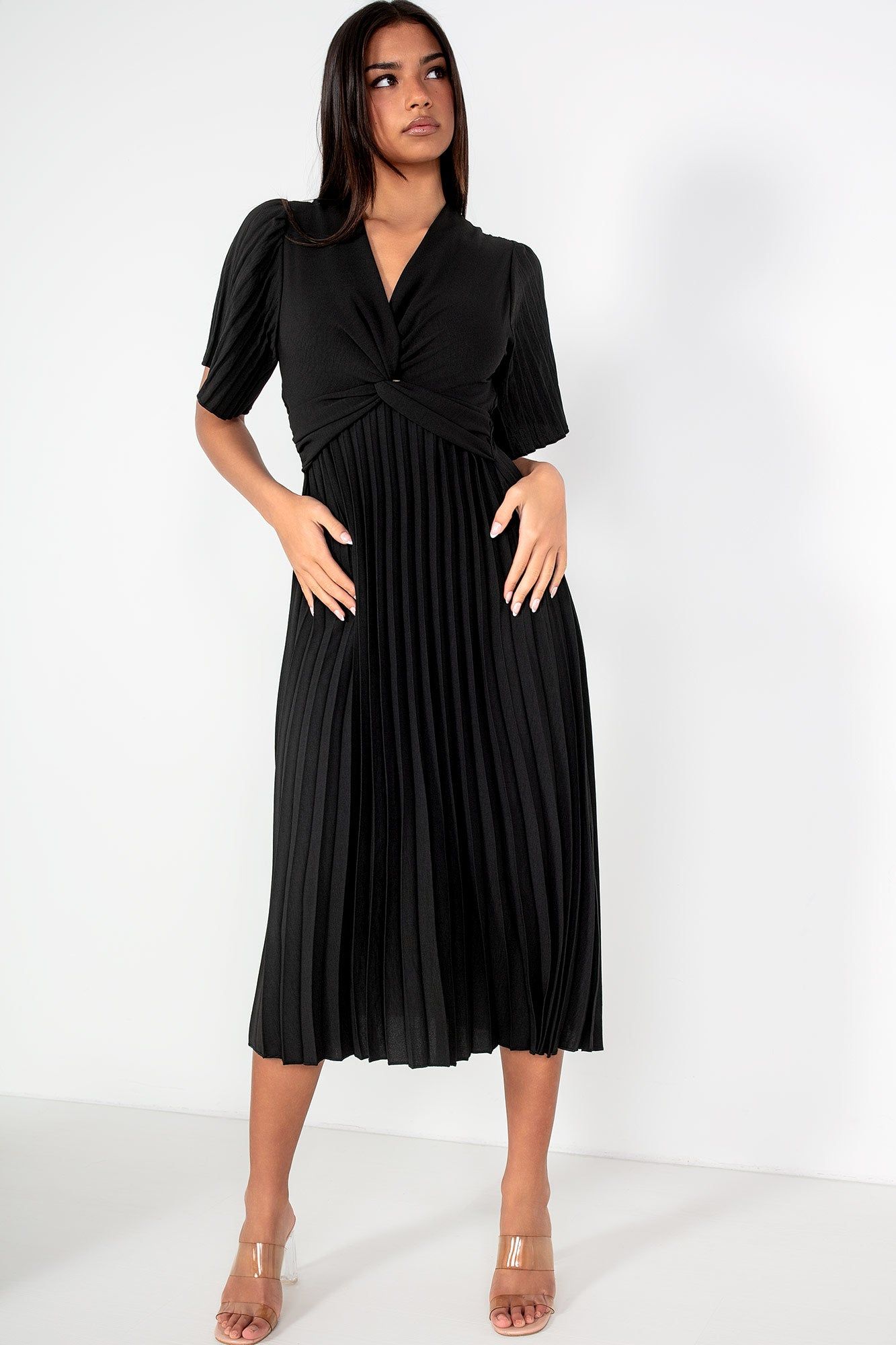 Vayda Black Pleated Midi Dress sold by Va Va Voom