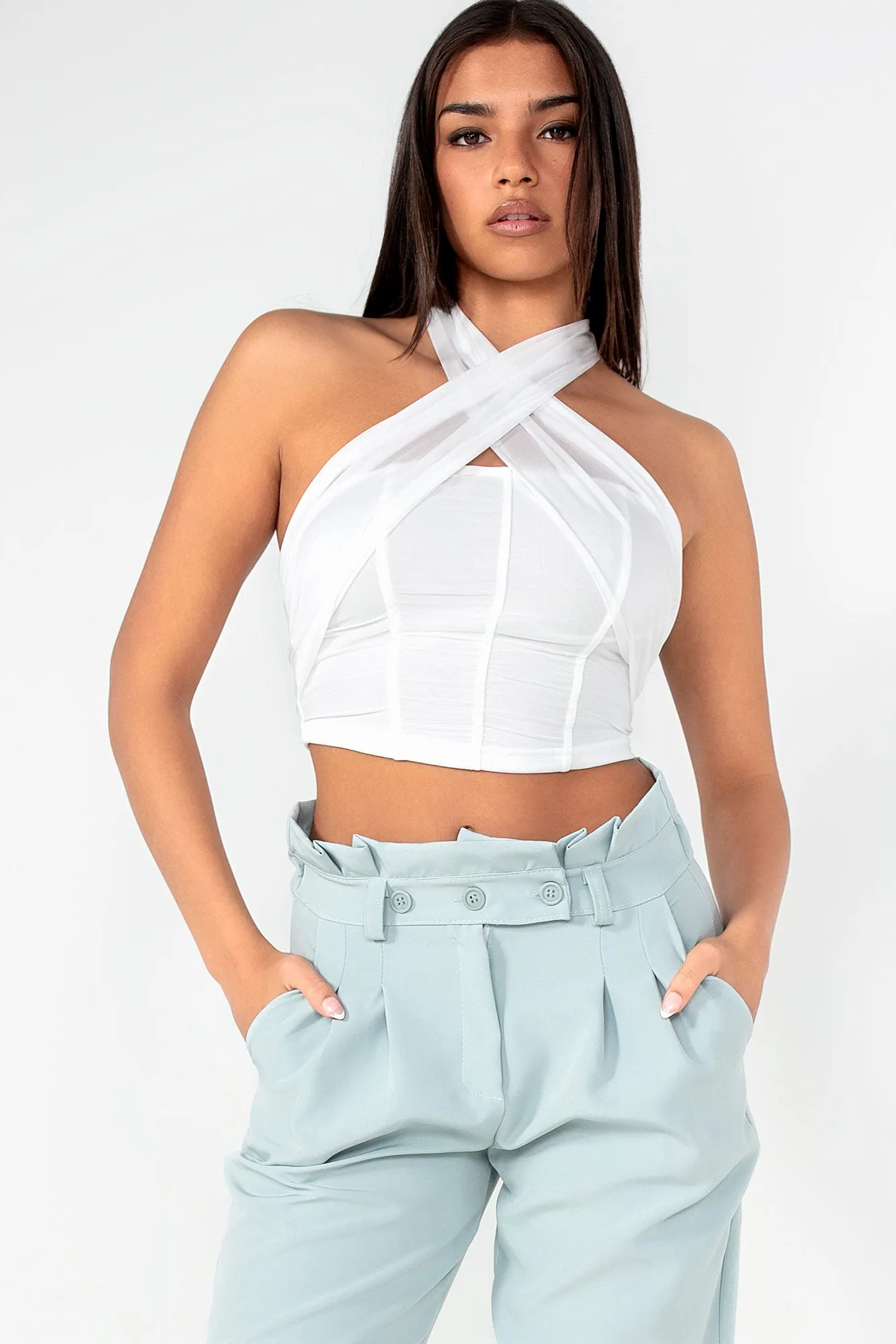 Gianna White Mesh Halter Neck Top sold by Va Va Voom