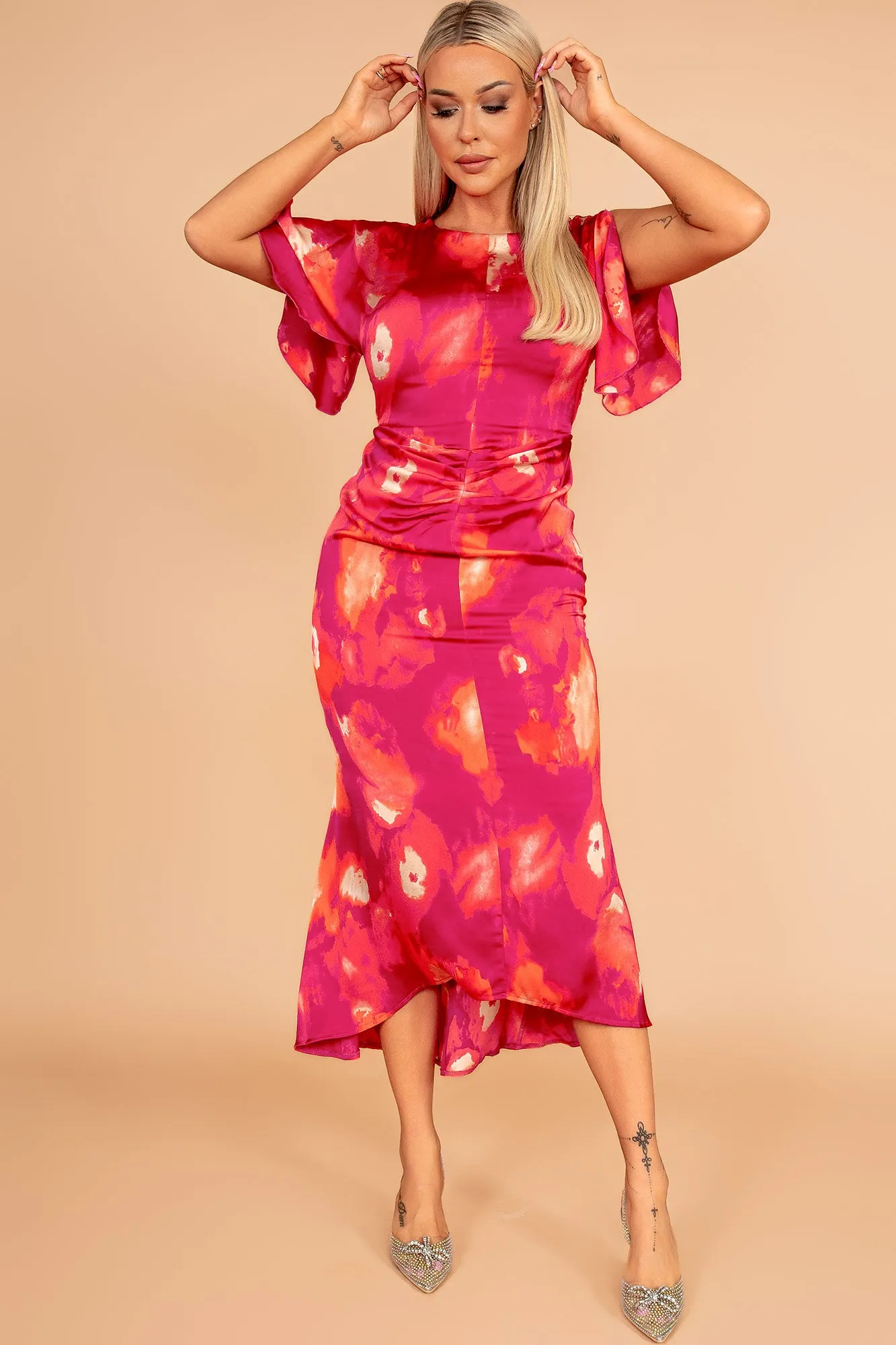 Girl In Mind Cleo Pink Satin Print Dress sold by Va Va Voom product image thumbnail 5
