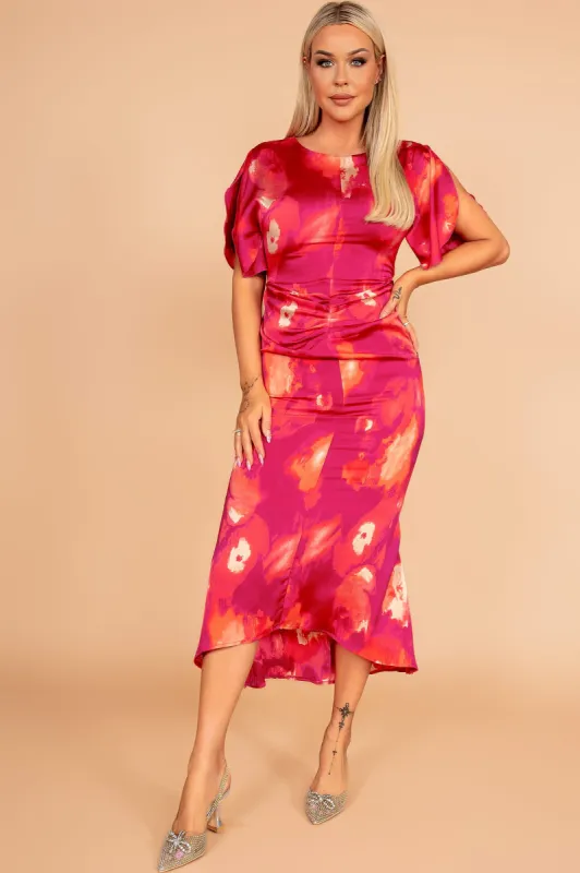 Girl In Mind Cleo Pink Satin Print Dress sold by Va Va Voom