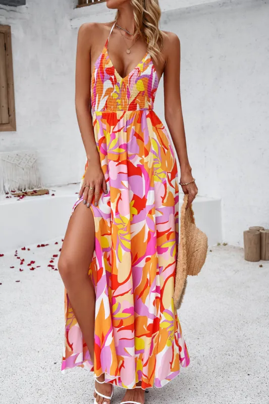 Oleen Orange Floral Halter Neck Dress sold by Va Va Voom