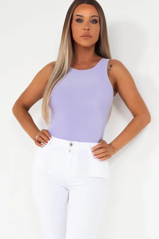 Quinn Lilac Sleeveless Slinky Bodysuit sold by Va Va Voom