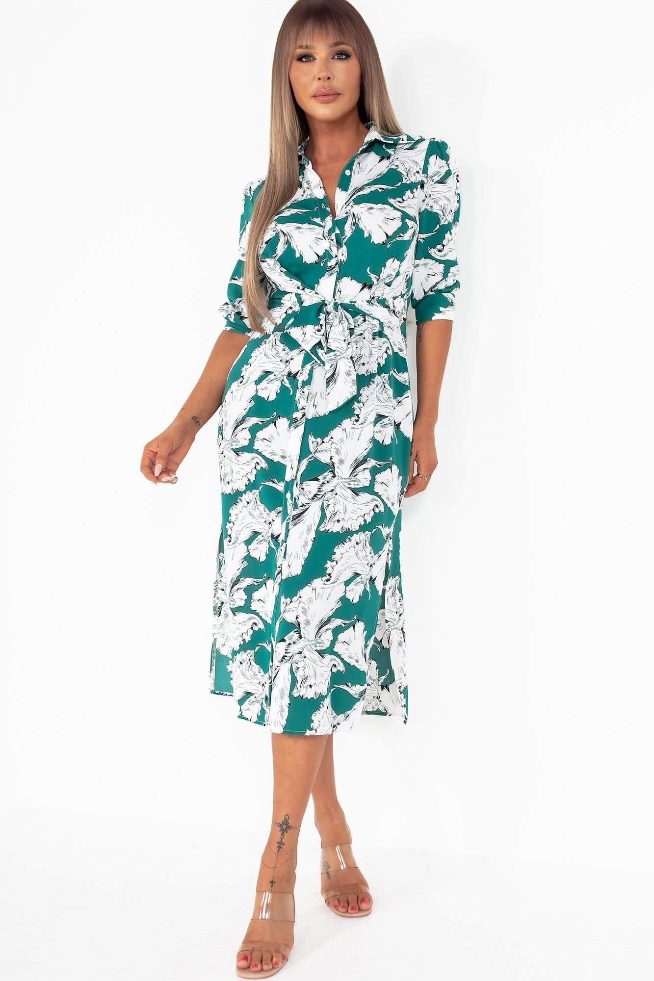 AX Paris Vada Green And White Floral Midi Shirt Dress sold by Va Va Voom product image thumbnail 4