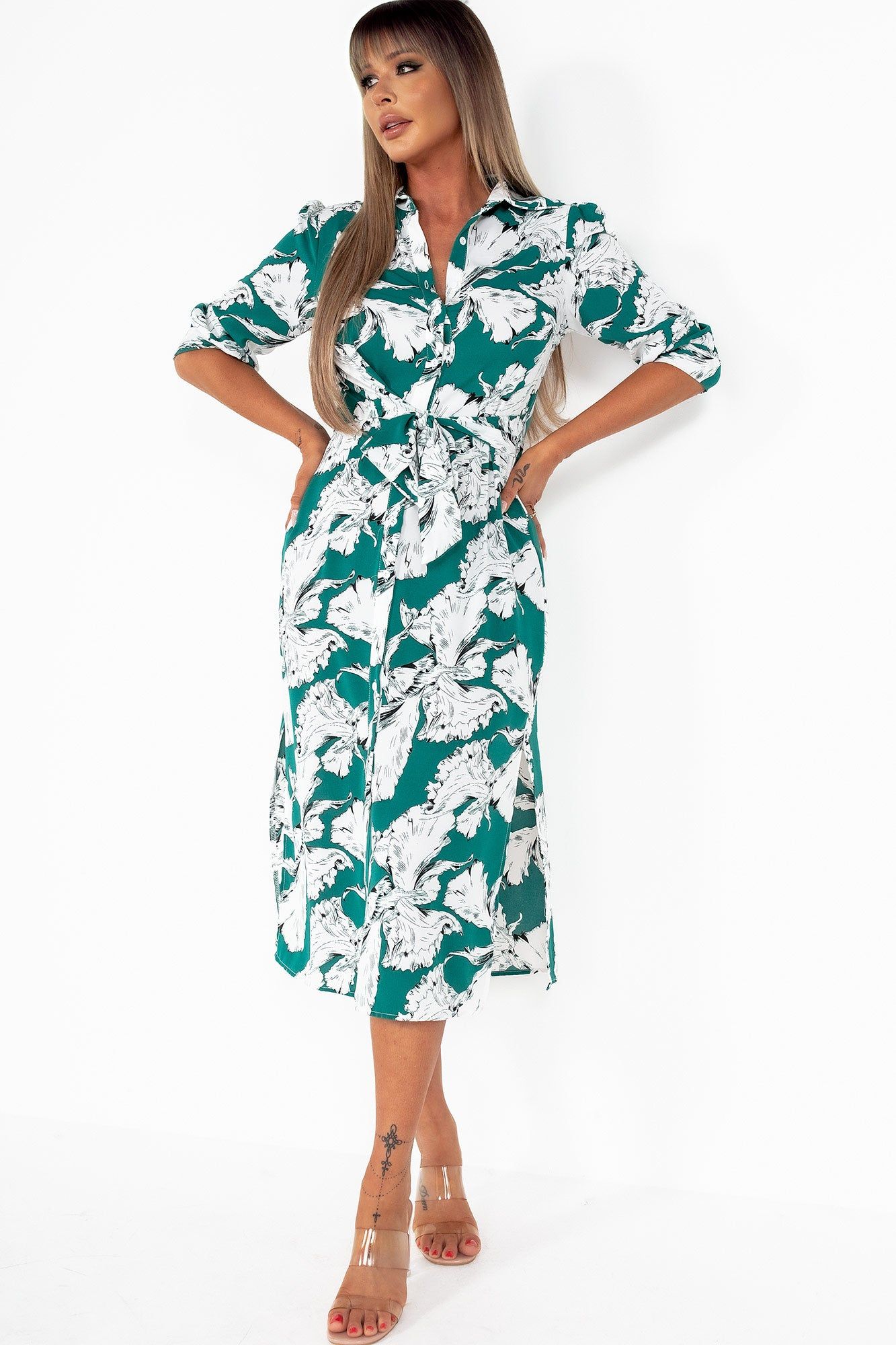 AX Paris Vada Green And White Floral Midi Shirt Dress sold by Va Va Voom product image thumbnail 3