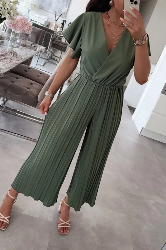 Dee Khaki Pleated Wide Leg Jumpsuit sold by Va Va Voom