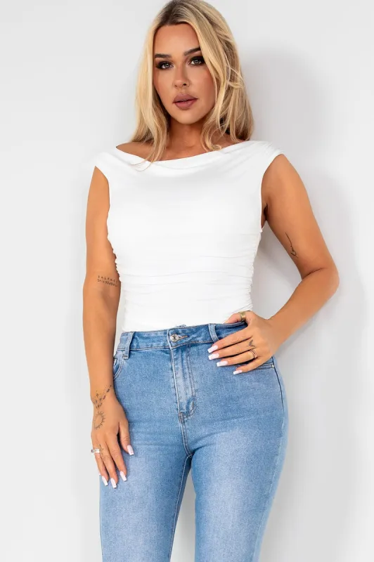 AX Paris Brea Cream Ruched Bodysuit sold by Va Va Voom