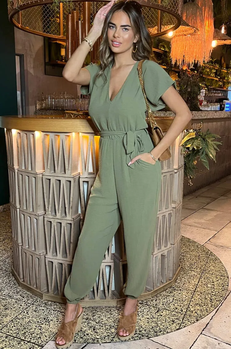 AX Paris Corey Khaki Belted Jumpsuit sold by Va Va Voom product image thumbnail 3