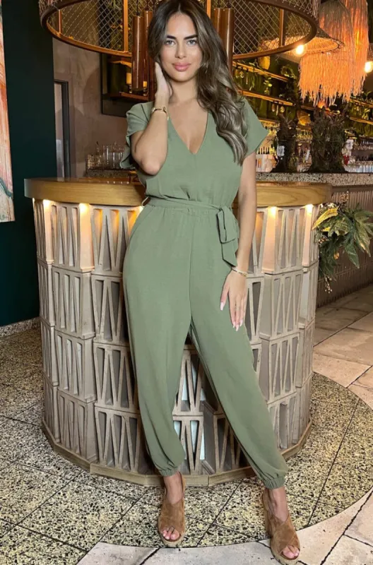 AX Paris Corey Khaki Belted Jumpsuit sold by Va Va Voom
